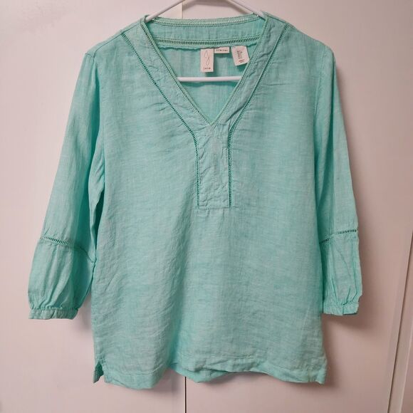 Joie 100% Linen 3/4 Sleeve V-Neck Aqua Pullover Womens Top Blouse Small Coastal - Picture 4 of 14
